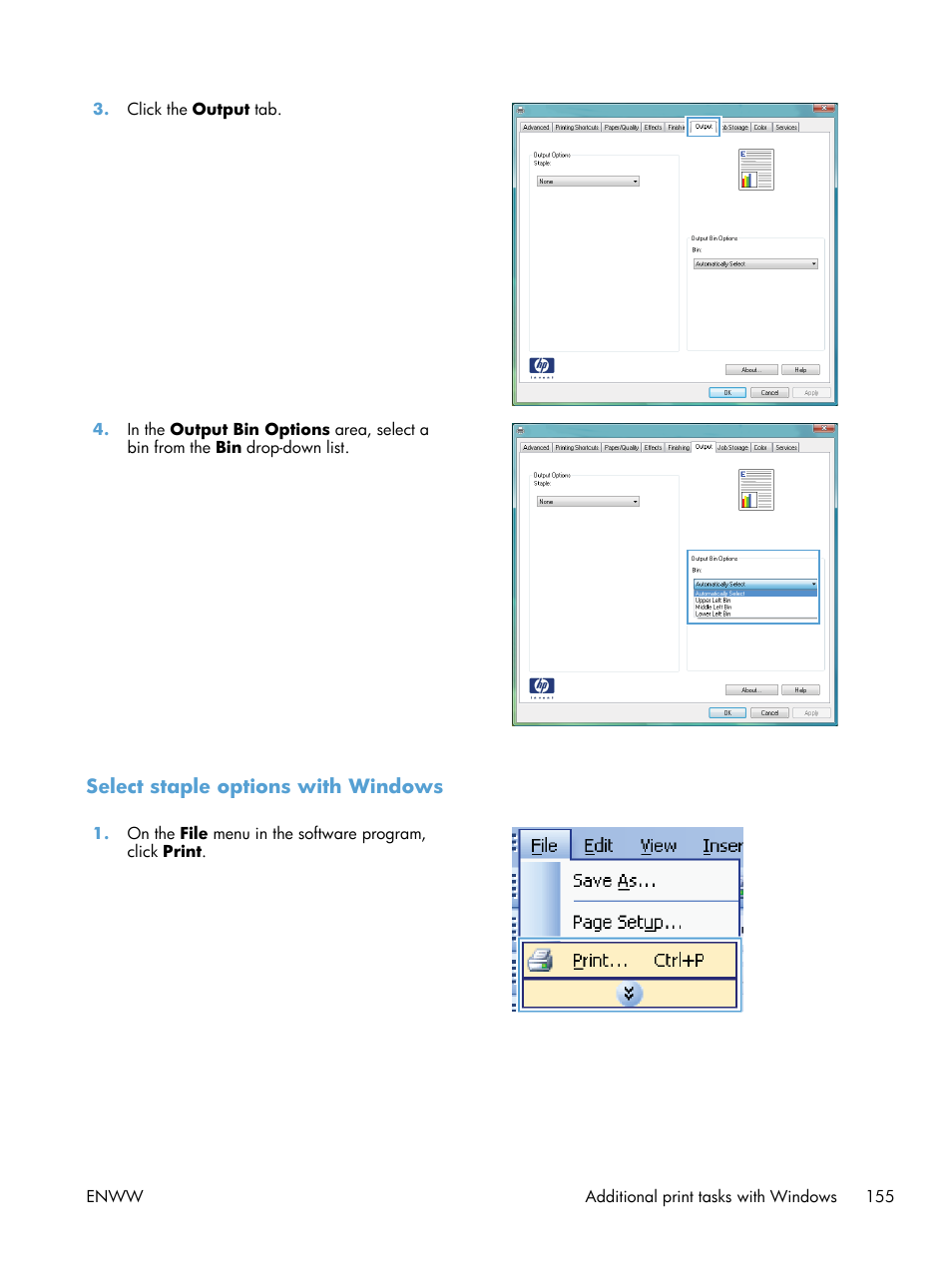 Select staple options with windows | HP Color LaserJet Enterprise CM4540 MFP series User Manual | Page 175 / 386