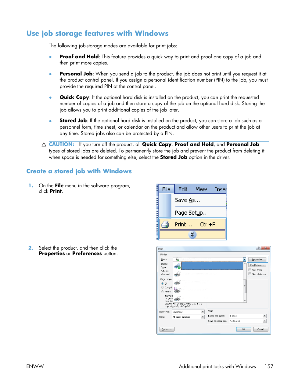 Use job storage features with windows, Create a stored job with windows | HP Color LaserJet Enterprise CM4540 MFP series User Manual | Page 177 / 386