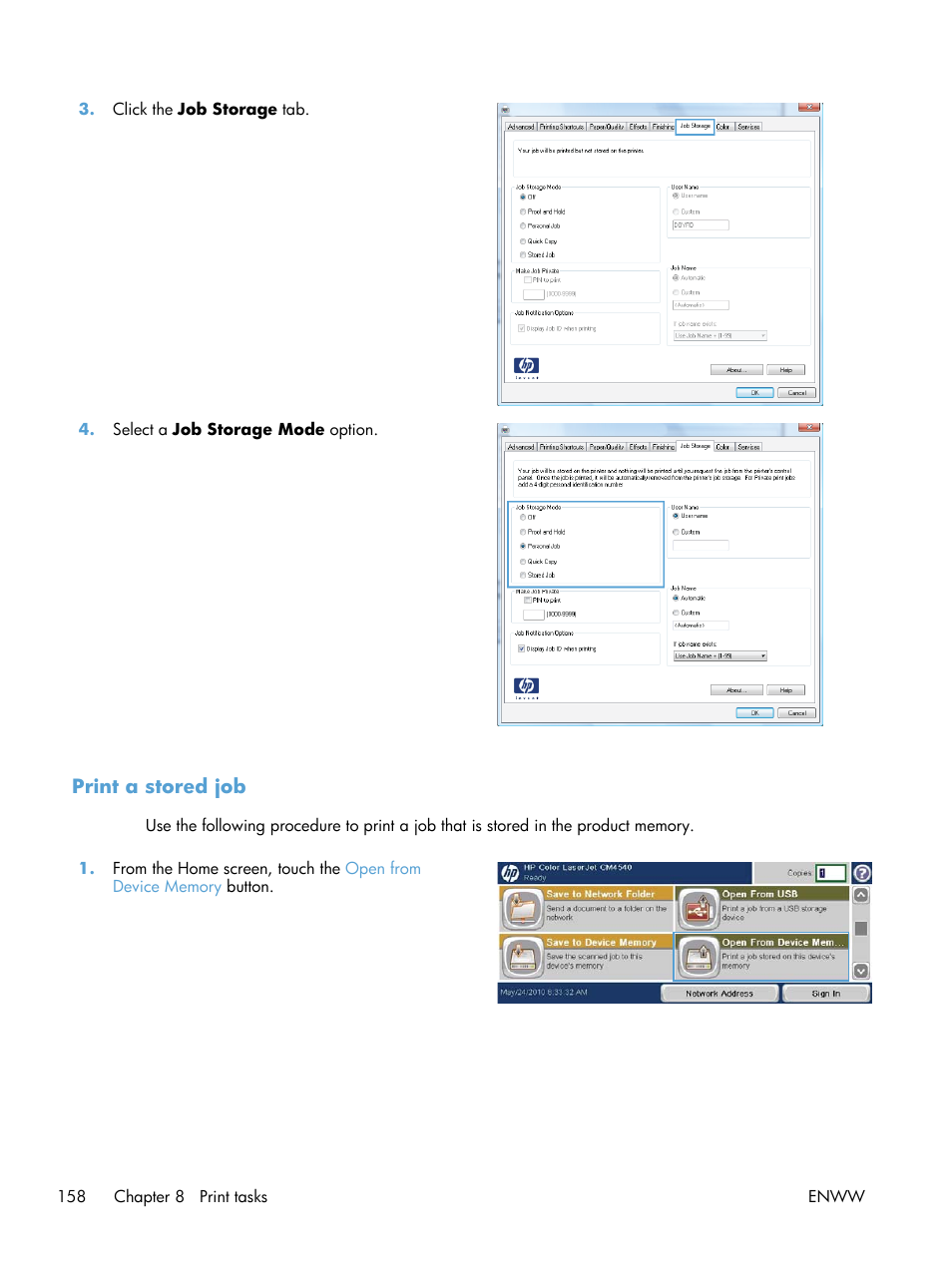 Print a stored job | HP Color LaserJet Enterprise CM4540 MFP series User Manual | Page 178 / 386