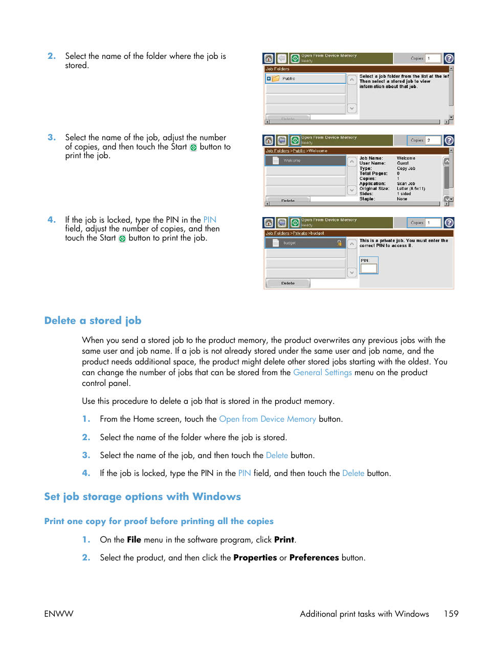 Delete a stored job, Set job storage options with windows | HP Color LaserJet Enterprise CM4540 MFP series User Manual | Page 179 / 386