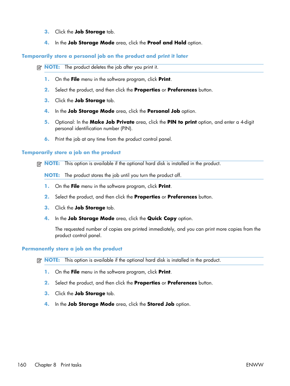 Temporarily store a job on the product, Permanently store a job on the product | HP Color LaserJet Enterprise CM4540 MFP series User Manual | Page 180 / 386