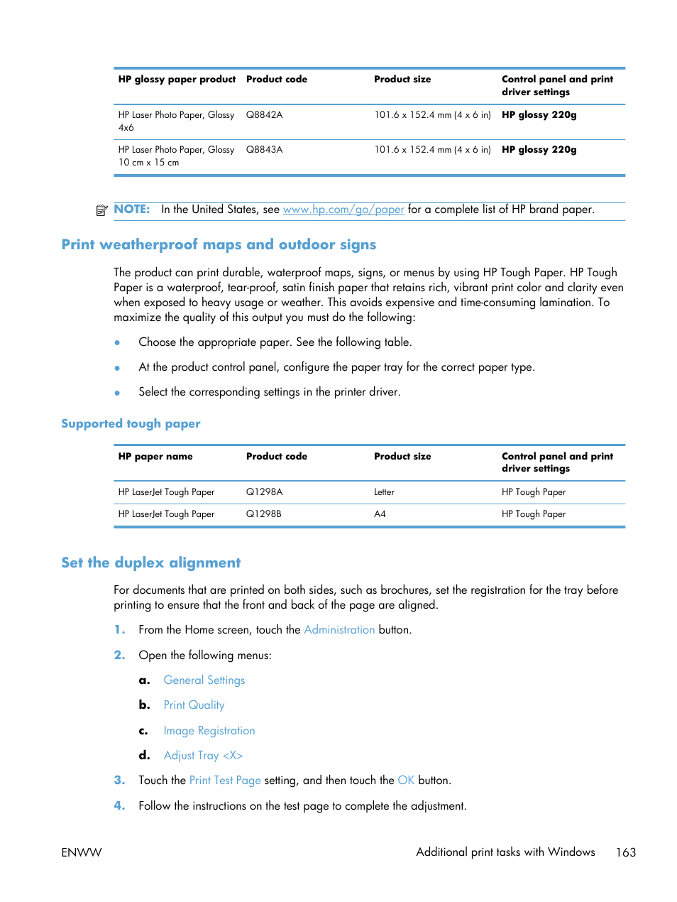 Print weatherproof maps and outdoor signs, Supported tough paper, Set the duplex alignment | HP Color LaserJet Enterprise CM4540 MFP series User Manual | Page 183 / 386