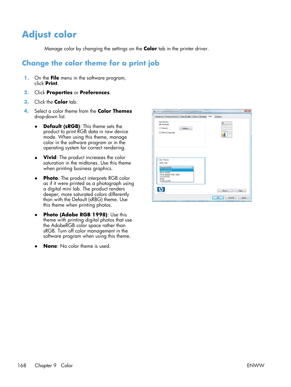 Adjust color, Change the color theme for a print job | HP Color LaserJet Enterprise CM4540 MFP series User Manual | Page 188 / 386