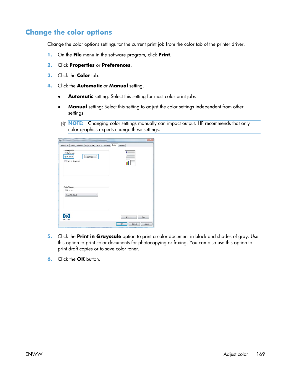 Change the color options | HP Color LaserJet Enterprise CM4540 MFP series User Manual | Page 189 / 386