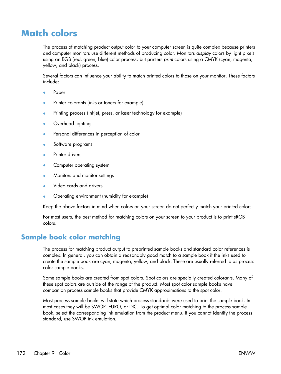 Match colors, Sample book color matching | HP Color LaserJet Enterprise CM4540 MFP series User Manual | Page 192 / 386