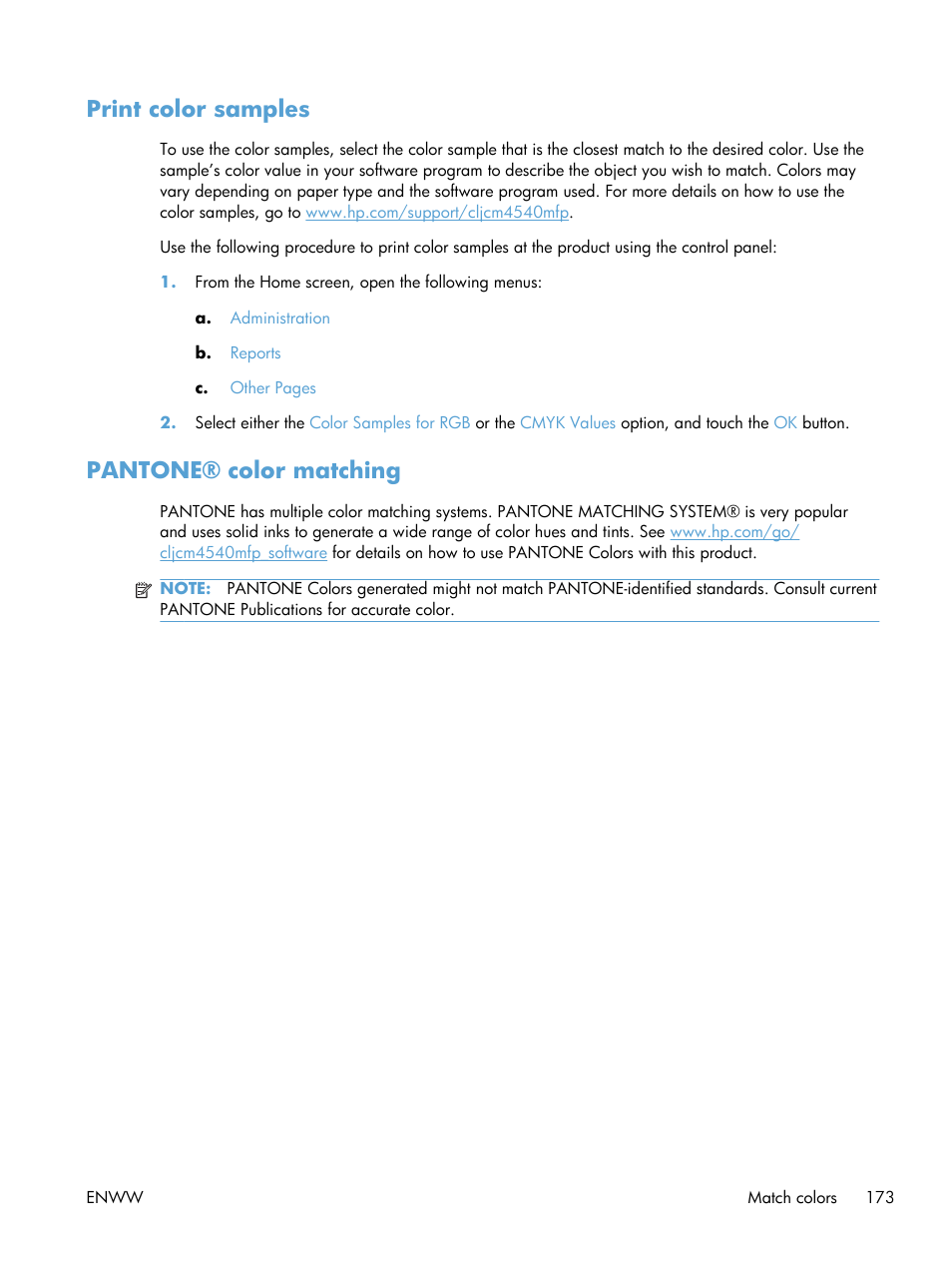 Print color samples, Pantone® color matching, Print color samples pantone® color matching | HP Color LaserJet Enterprise CM4540 MFP series User Manual | Page 193 / 386
