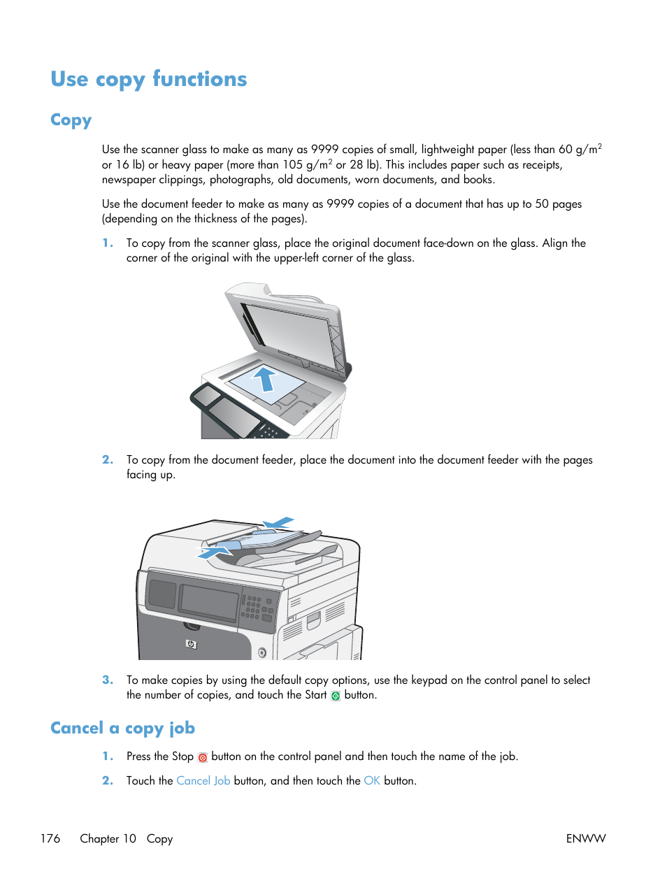 Use copy functions, Copy, Cancel a copy job | Copy cancel a copy job | HP Color LaserJet Enterprise CM4540 MFP series User Manual | Page 196 / 386