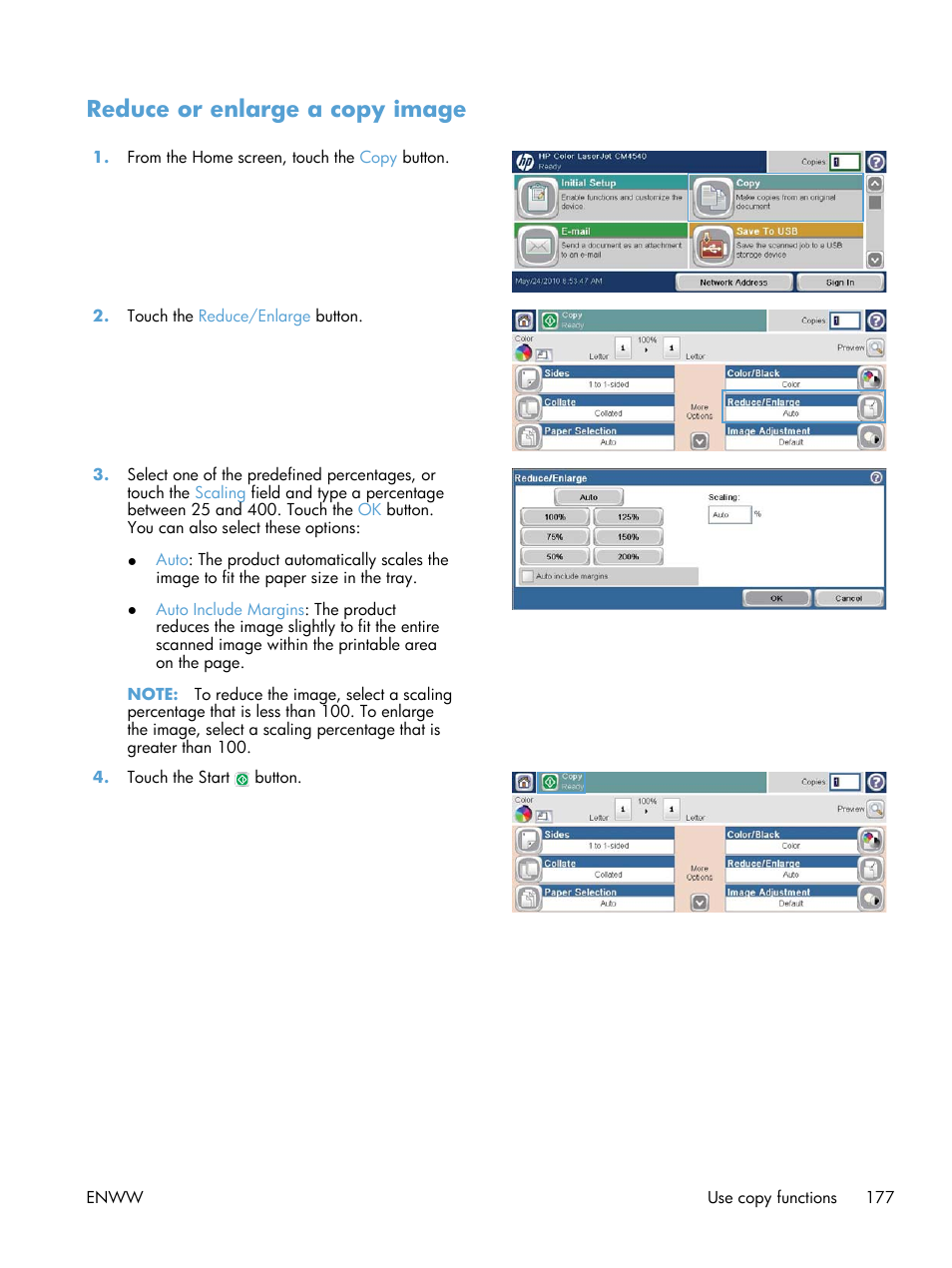 Reduce or enlarge a copy image | HP Color LaserJet Enterprise CM4540 MFP series User Manual | Page 197 / 386