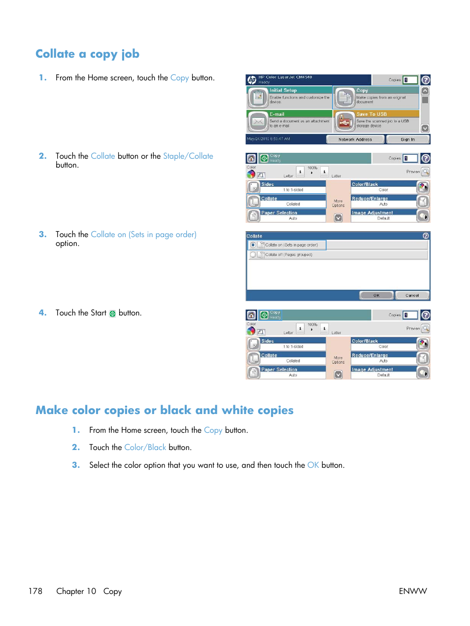 Collate a copy job, Make color copies or black and white copies | HP Color LaserJet Enterprise CM4540 MFP series User Manual | Page 198 / 386
