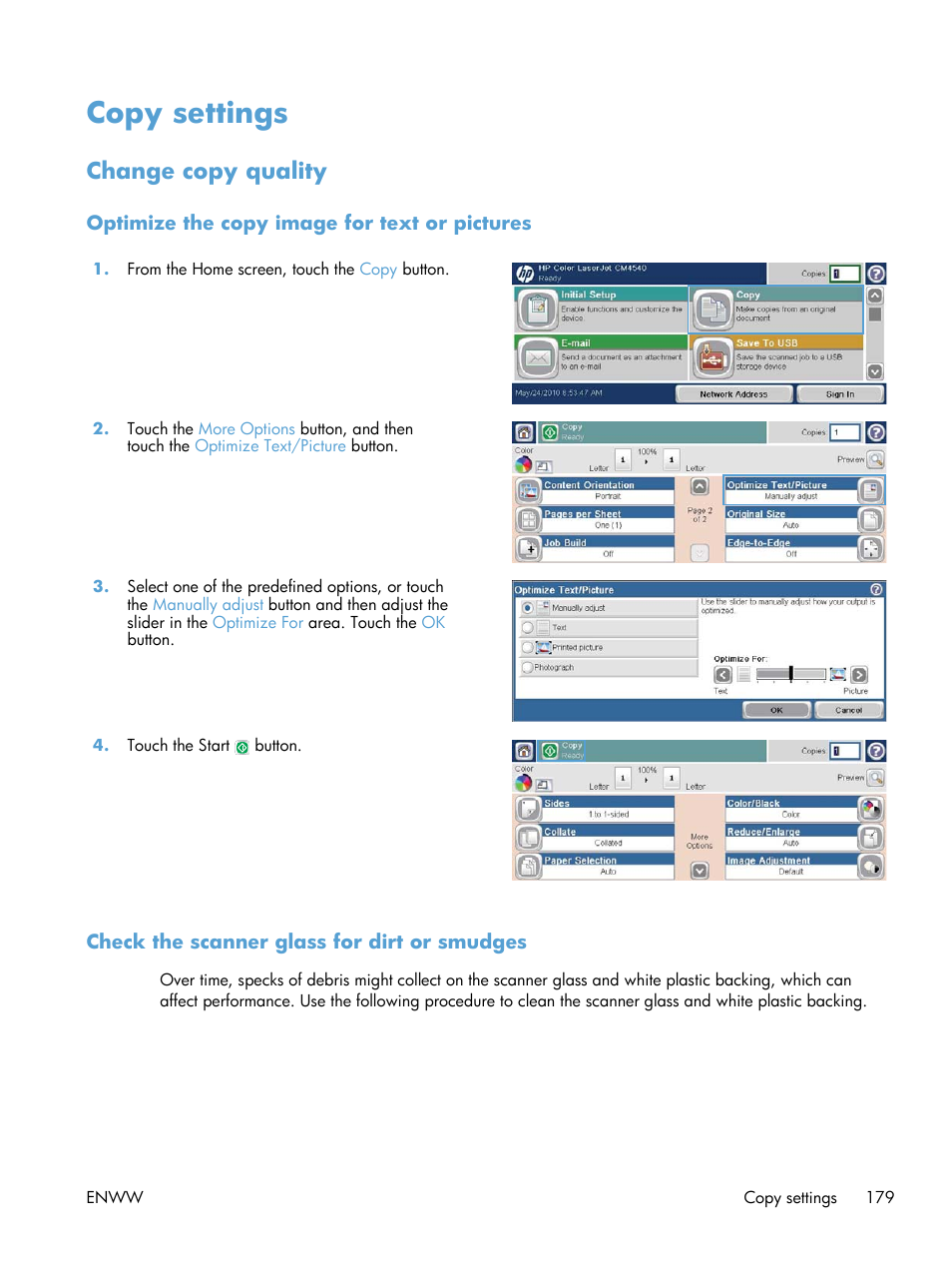 Copy settings, Change copy quality, Optimize the copy image for text or pictures | Check the scanner glass for dirt or smudges | HP Color LaserJet Enterprise CM4540 MFP series User Manual | Page 199 / 386