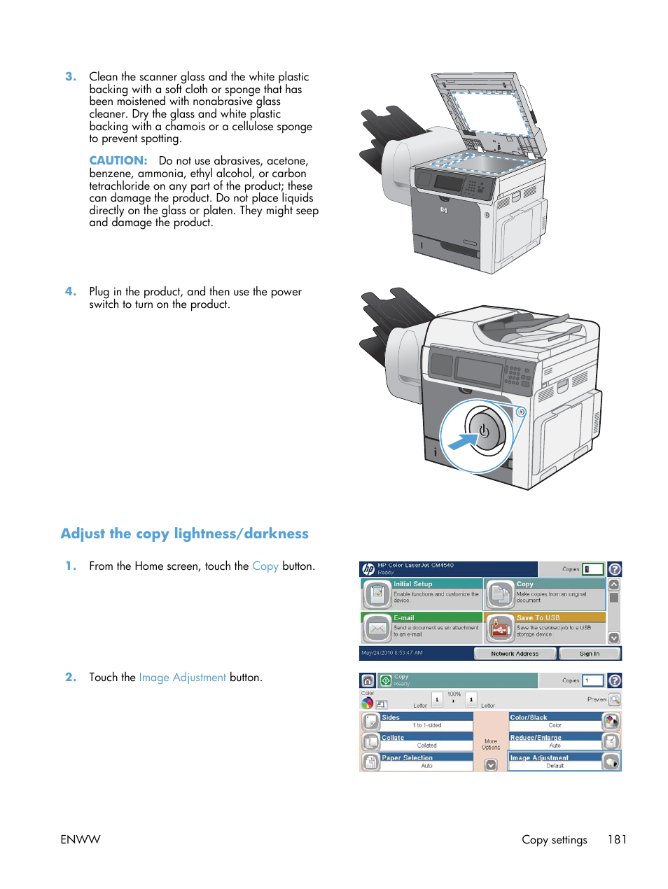 Adjust the copy lightness/darkness | HP Color LaserJet Enterprise CM4540 MFP series User Manual | Page 201 / 386