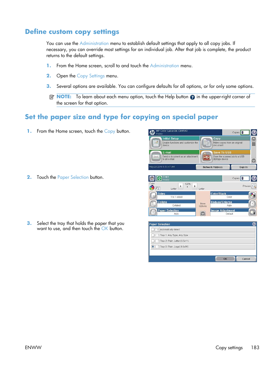 Define custom copy settings | HP Color LaserJet Enterprise CM4540 MFP series User Manual | Page 203 / 386