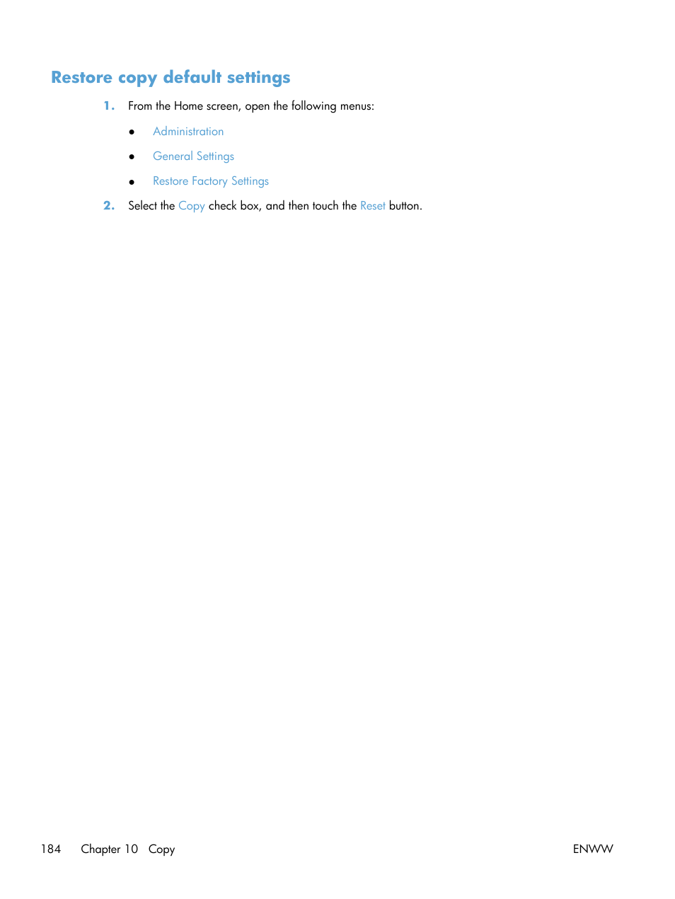 Restore copy default settings | HP Color LaserJet Enterprise CM4540 MFP series User Manual | Page 204 / 386