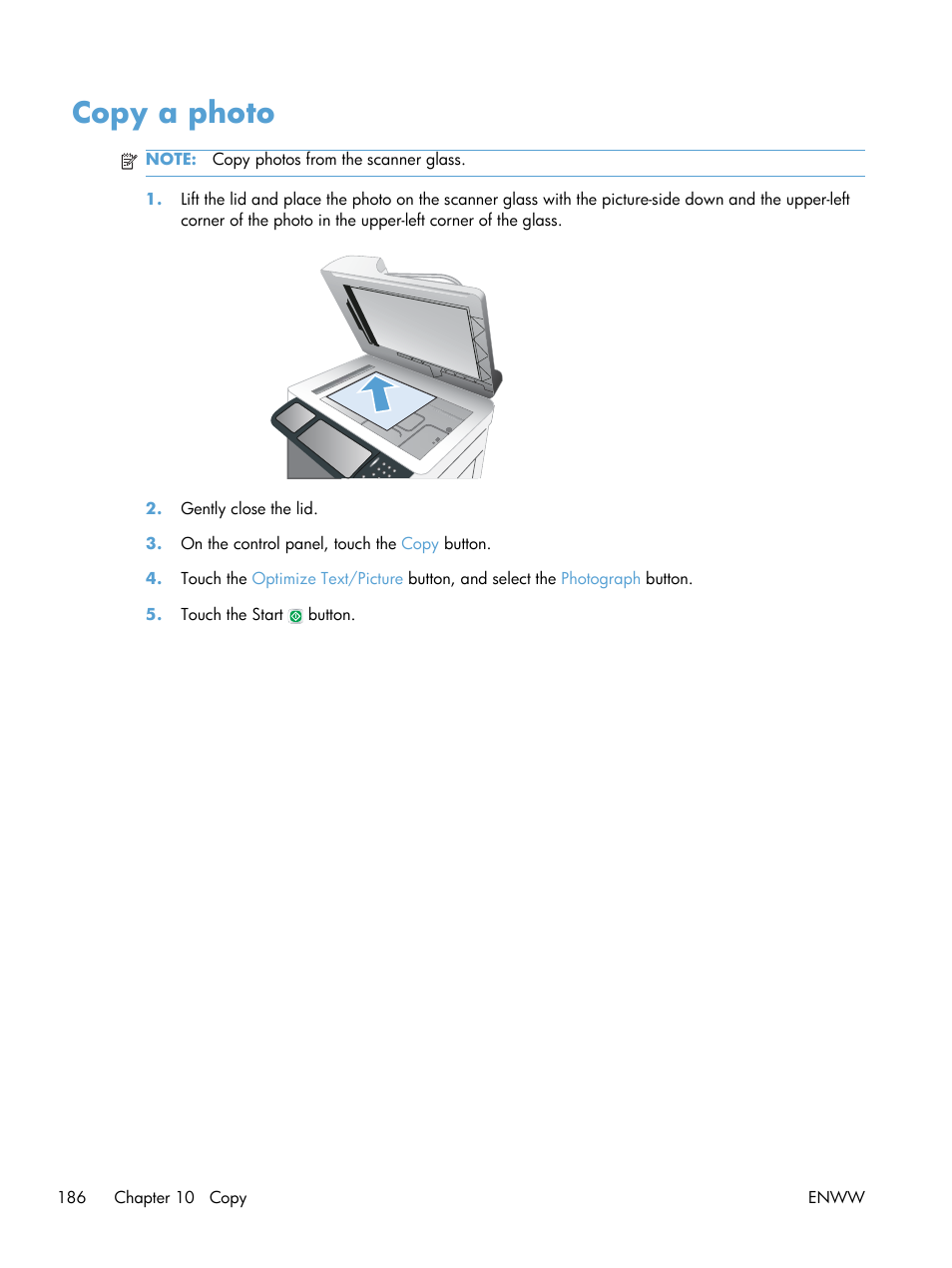 Copy a photo | HP Color LaserJet Enterprise CM4540 MFP series User Manual | Page 206 / 386