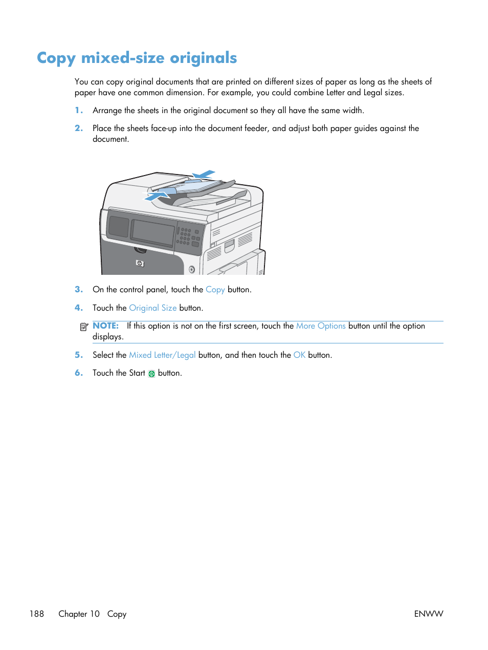 Copy mixed-size originals | HP Color LaserJet Enterprise CM4540 MFP series User Manual | Page 208 / 386
