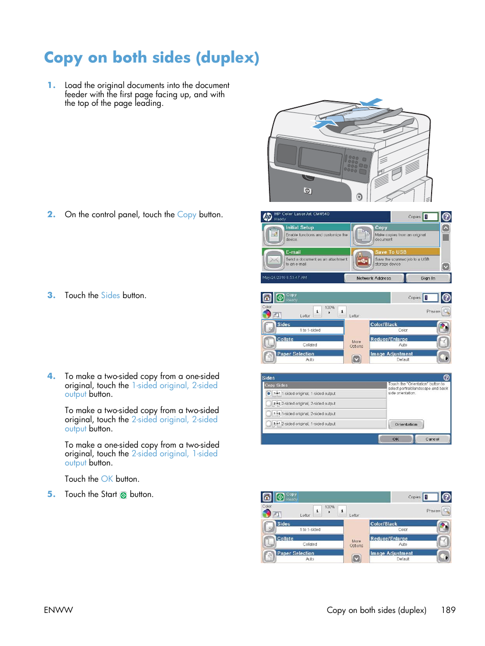 Copy on both sides (duplex) | HP Color LaserJet Enterprise CM4540 MFP series User Manual | Page 209 / 386