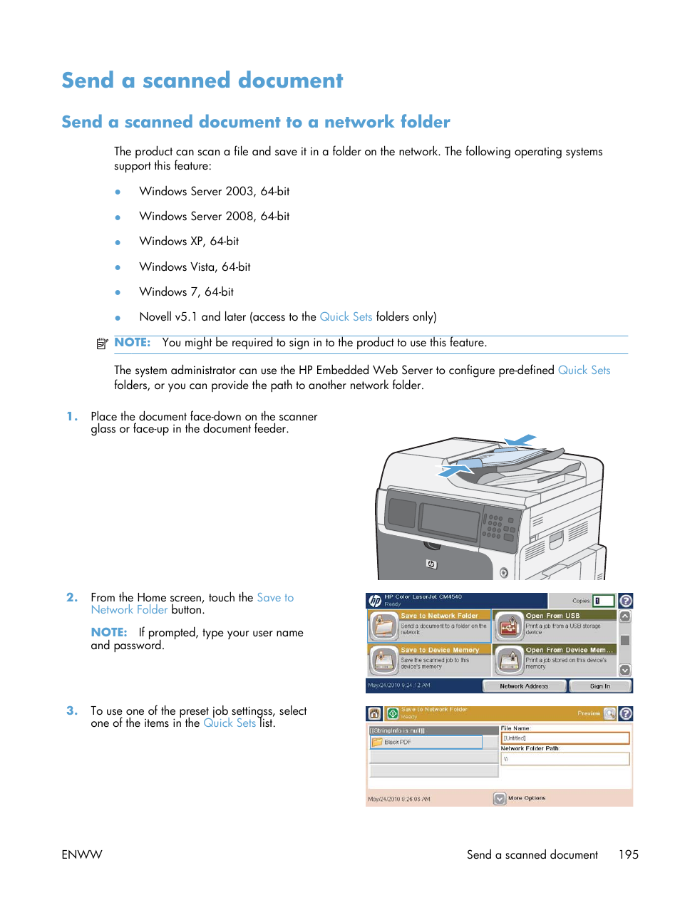 Send a scanned document, Send a scanned document to a network folder | HP Color LaserJet Enterprise CM4540 MFP series User Manual | Page 215 / 386