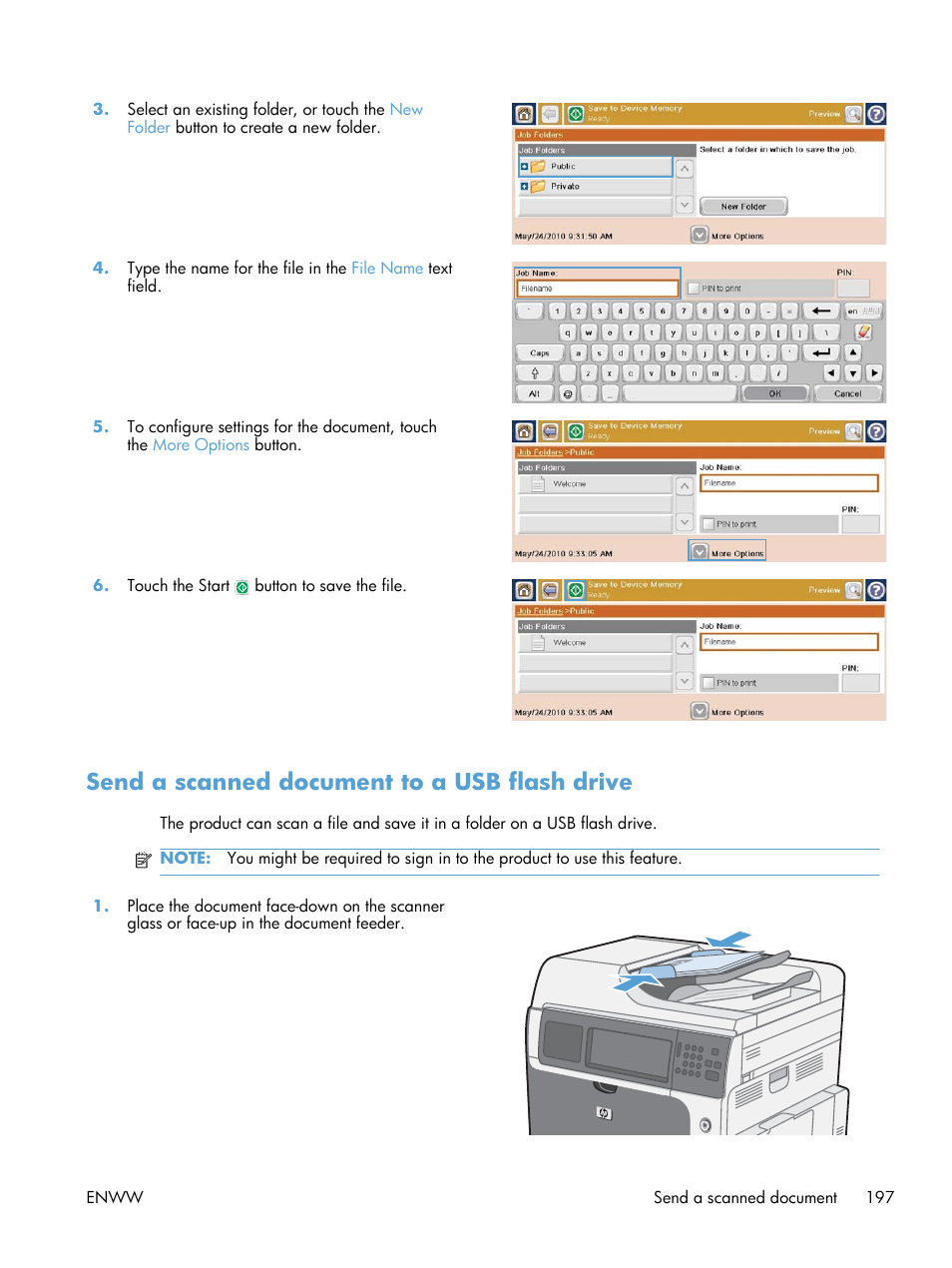 Send a scanned document to a usb flash drive | HP Color LaserJet Enterprise CM4540 MFP series User Manual | Page 217 / 386