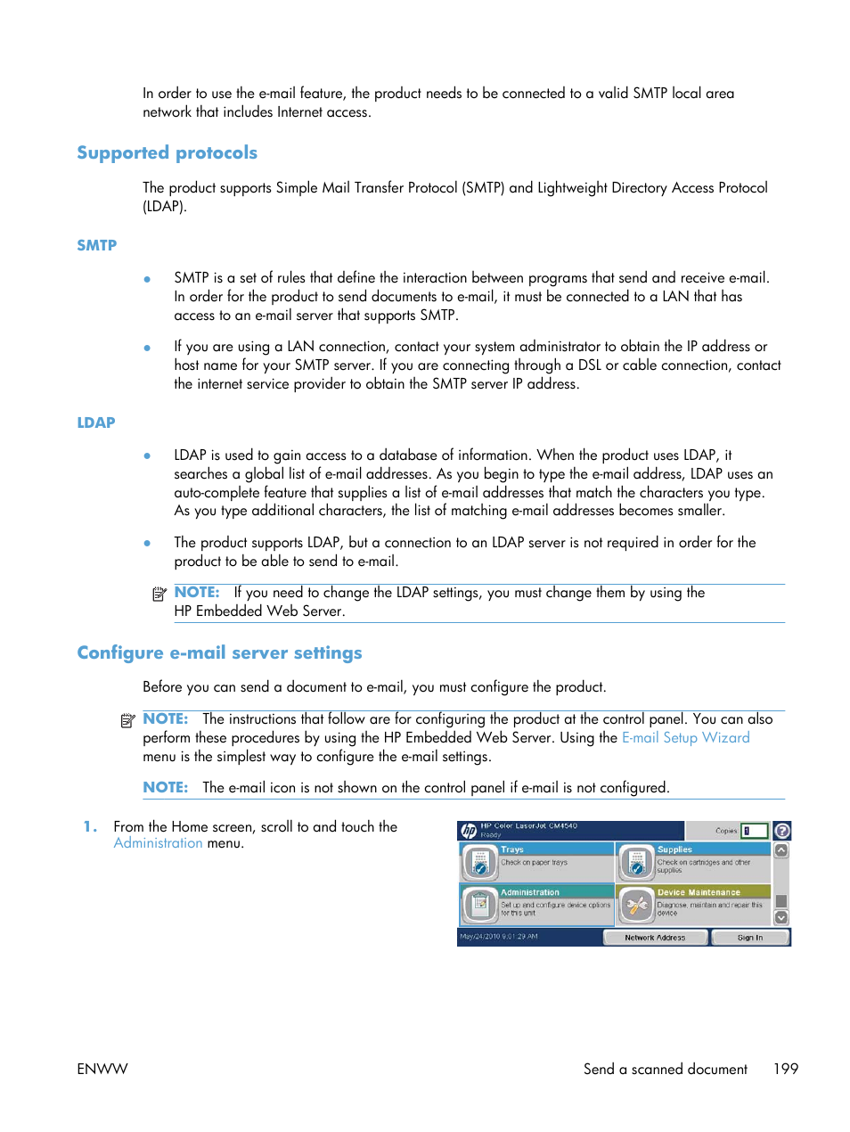 Supported protocols, Configure e-mail server settings | HP Color LaserJet Enterprise CM4540 MFP series User Manual | Page 219 / 386