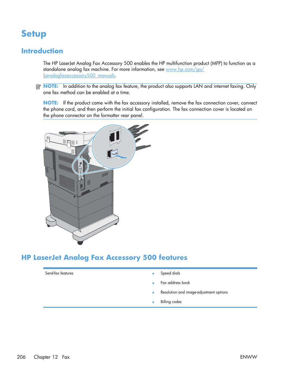 Setup, Introduction, Hp laserjet analog fax accessory 500 features | HP Color LaserJet Enterprise CM4540 MFP series User Manual | Page 226 / 386