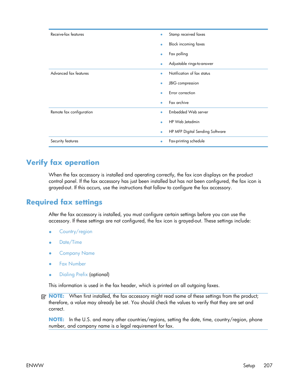 Verify fax operation, Required fax settings, Verify fax operation required fax settings | HP Color LaserJet Enterprise CM4540 MFP series User Manual | Page 227 / 386