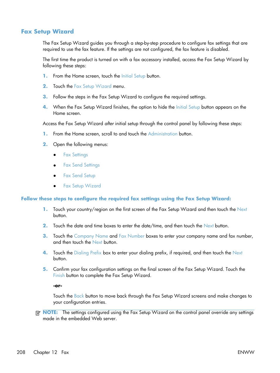 Fax setup wizard | HP Color LaserJet Enterprise CM4540 MFP series User Manual | Page 228 / 386