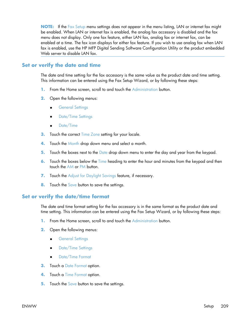 Set or verify the date and time, Set or verify the date/time format | HP Color LaserJet Enterprise CM4540 MFP series User Manual | Page 229 / 386