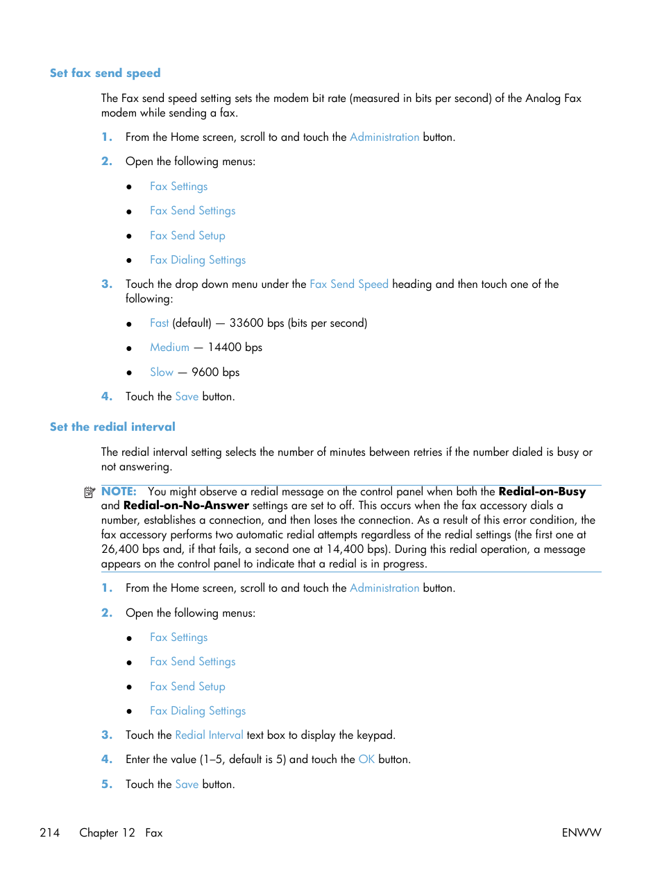 Set fax send speed, Set the redial interval | HP Color LaserJet Enterprise CM4540 MFP series User Manual | Page 234 / 386