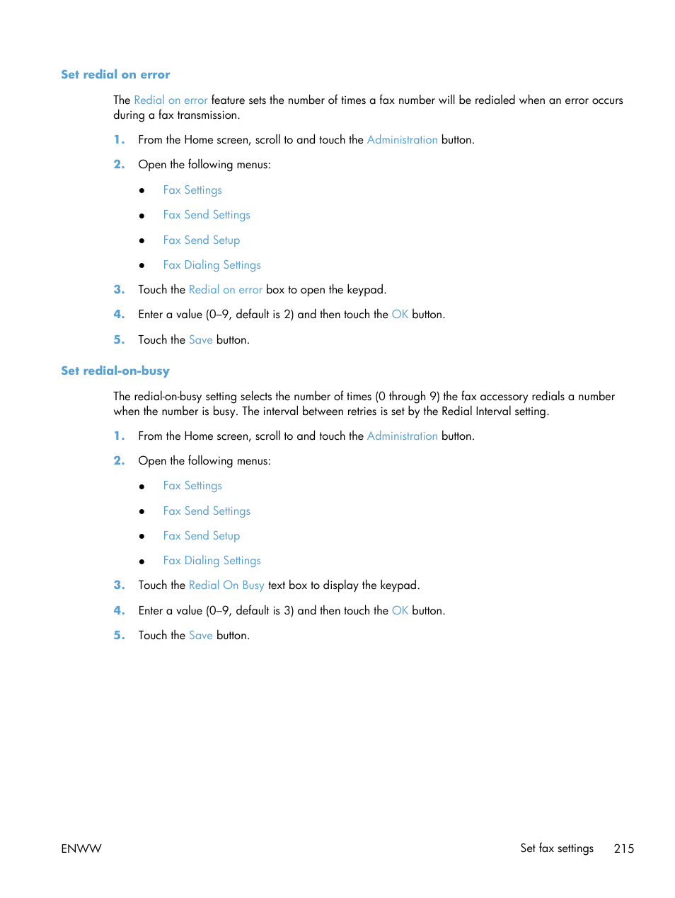 Set redial on error, Set redial-on-busy | HP Color LaserJet Enterprise CM4540 MFP series User Manual | Page 235 / 386