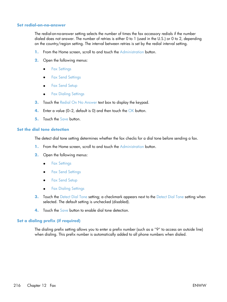 Set redial-on-no-answer, Set the dial tone detection, Set a dialing prefix (if required) | HP Color LaserJet Enterprise CM4540 MFP series User Manual | Page 236 / 386