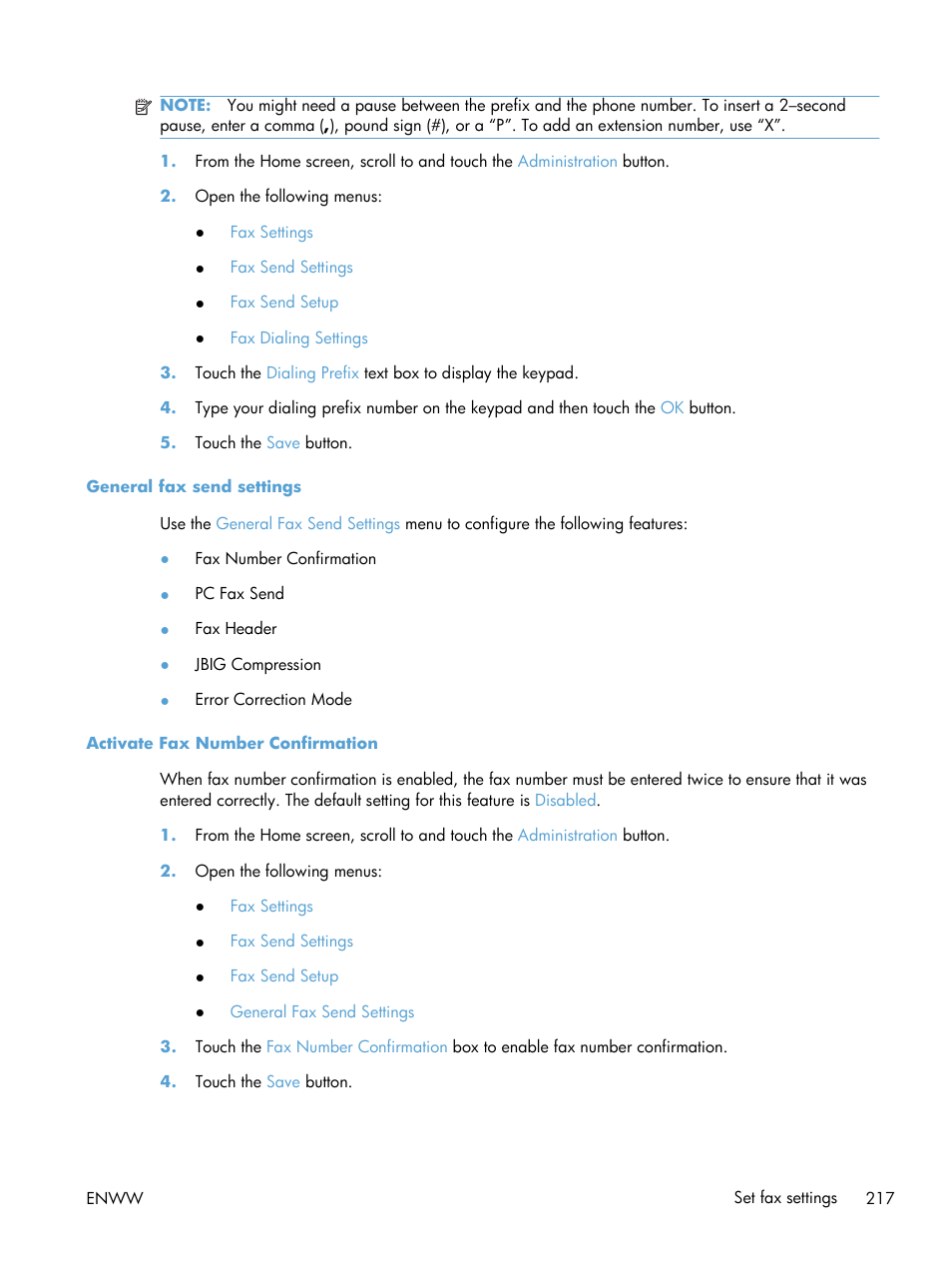 General fax send settings, Activate fax number confirmation | HP Color LaserJet Enterprise CM4540 MFP series User Manual | Page 237 / 386