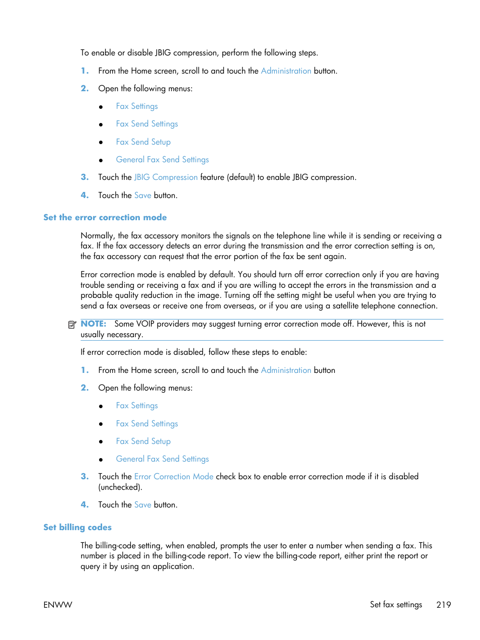 Set the error correction mode, Set billing codes | HP Color LaserJet Enterprise CM4540 MFP series User Manual | Page 239 / 386