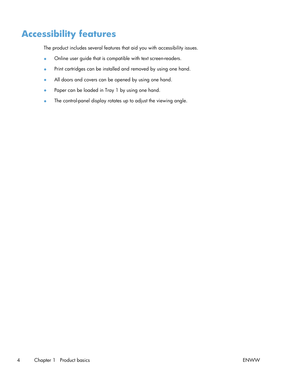 Accessibility features | HP Color LaserJet Enterprise CM4540 MFP series User Manual | Page 24 / 386