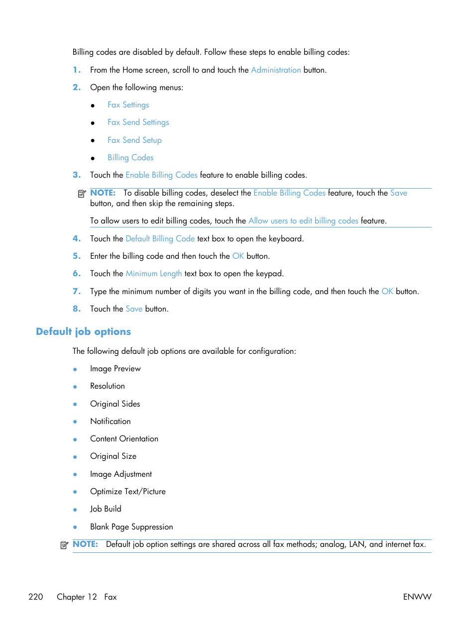 Default job options | HP Color LaserJet Enterprise CM4540 MFP series User Manual | Page 240 / 386