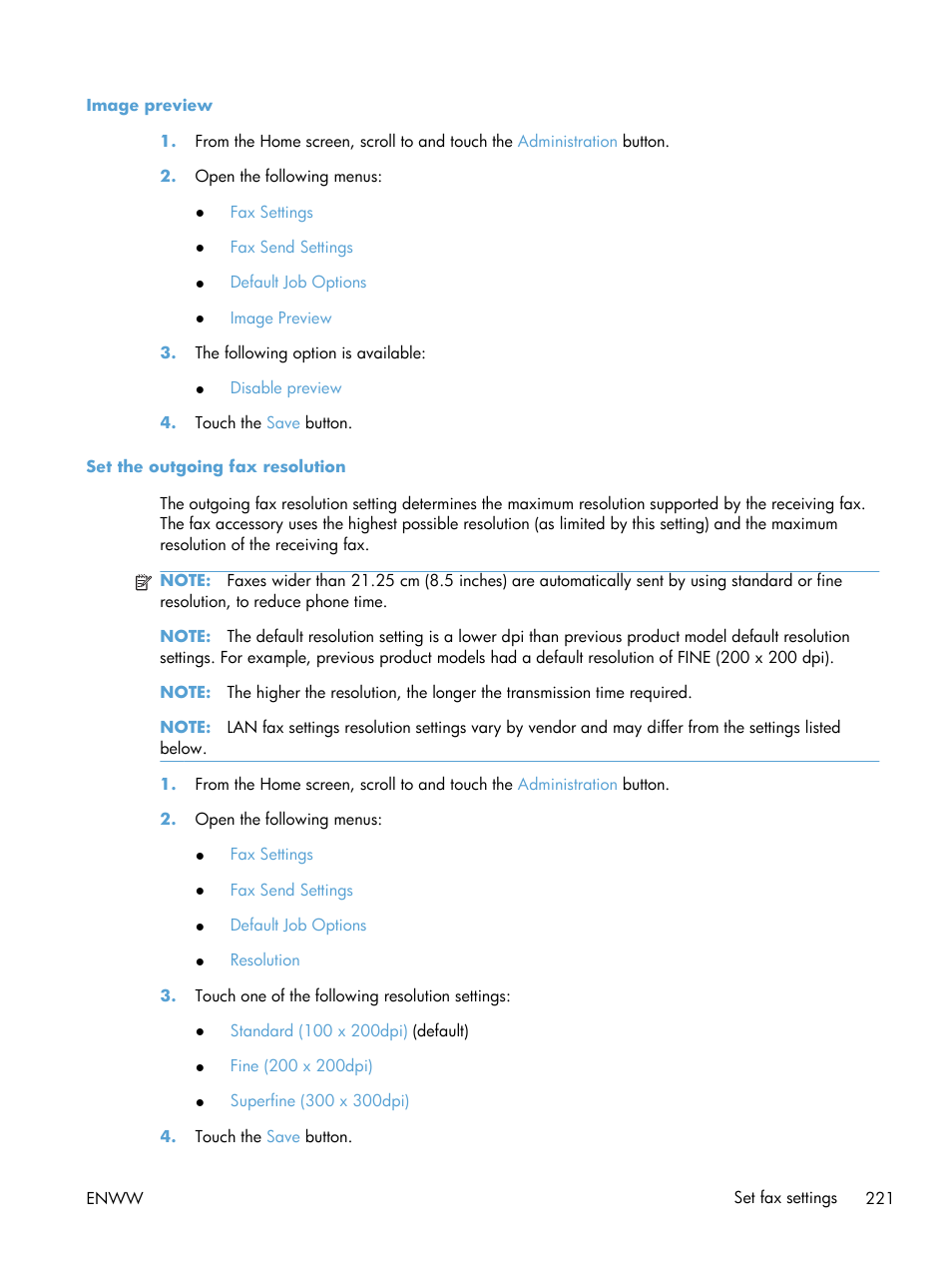 Image preview, Set the outgoing fax resolution, Image preview set the outgoing fax resolution | HP Color LaserJet Enterprise CM4540 MFP series User Manual | Page 241 / 386