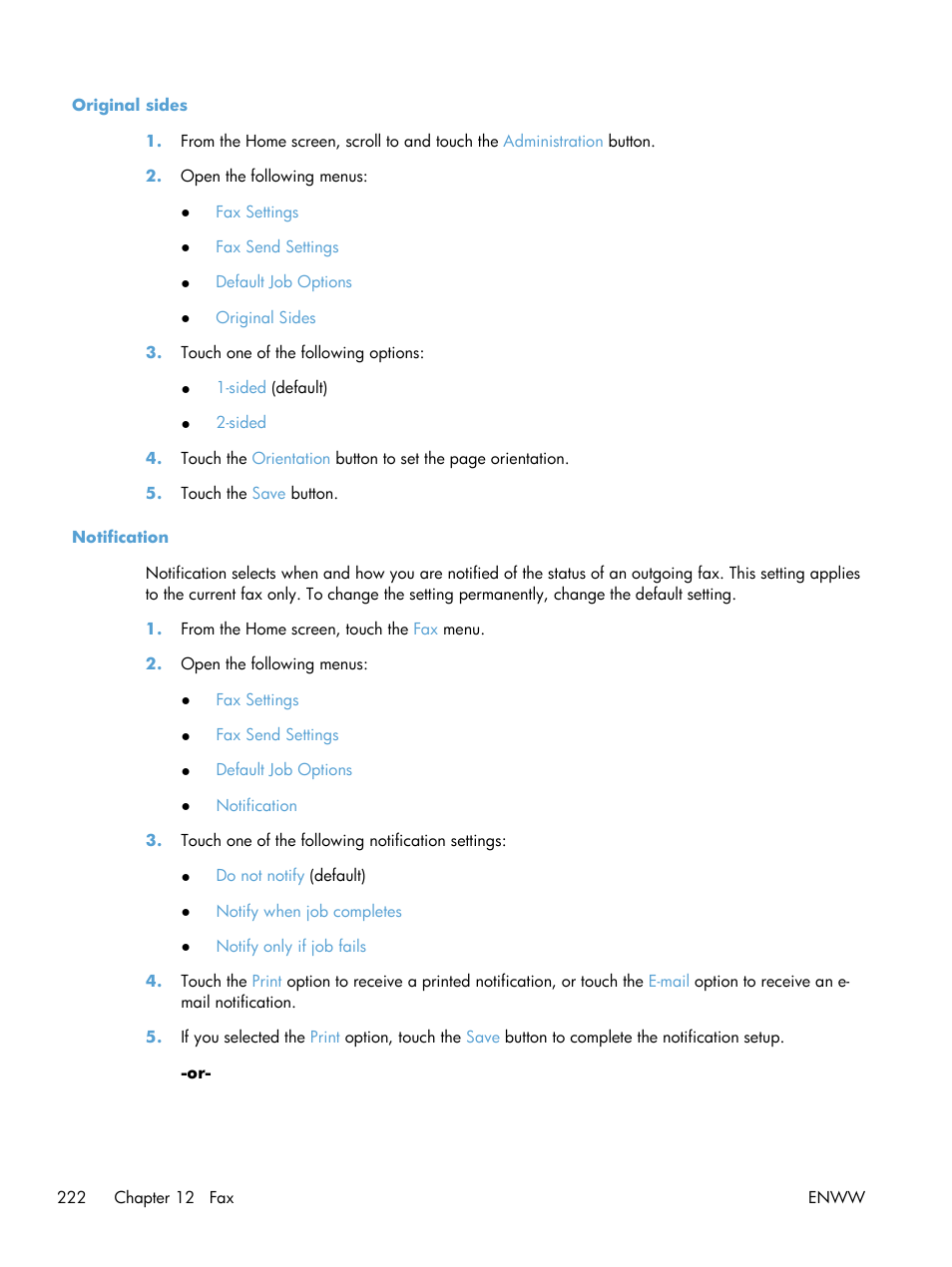 Original sides, Notification, Original sides notification | HP Color LaserJet Enterprise CM4540 MFP series User Manual | Page 242 / 386