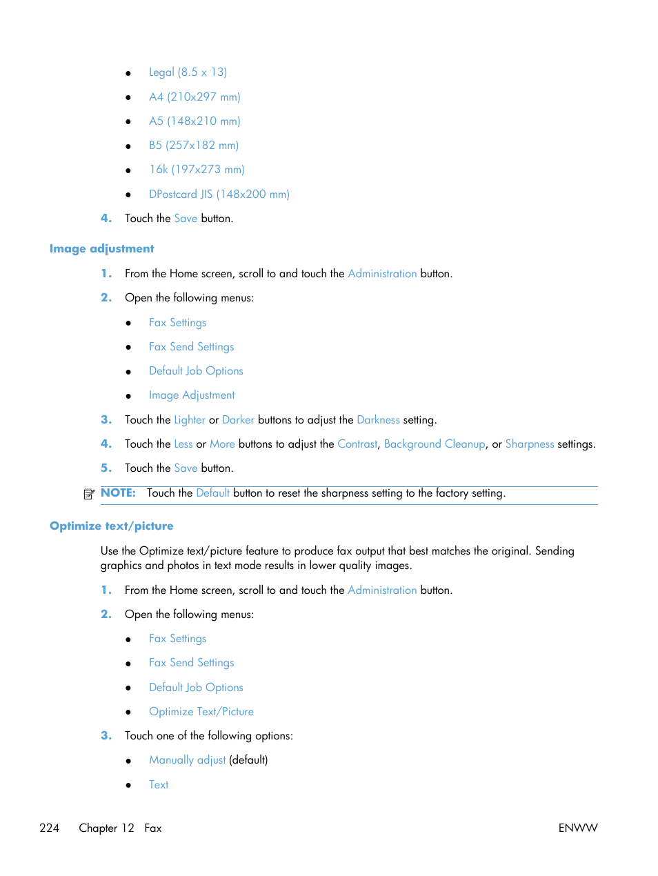 Image adjustment, Optimize text/picture, Image adjustment optimize text/picture | HP Color LaserJet Enterprise CM4540 MFP series User Manual | Page 244 / 386
