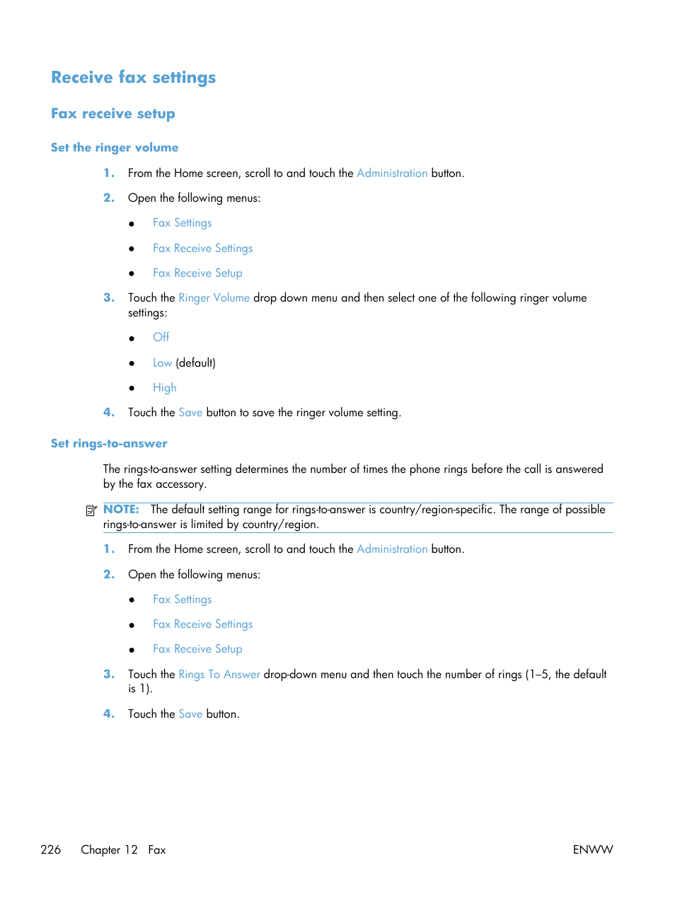 Receive fax settings, Fax receive setup, Set the ringer volume | Set rings-to-answer, Set the ringer volume set rings-to-answer | HP Color LaserJet Enterprise CM4540 MFP series User Manual | Page 246 / 386