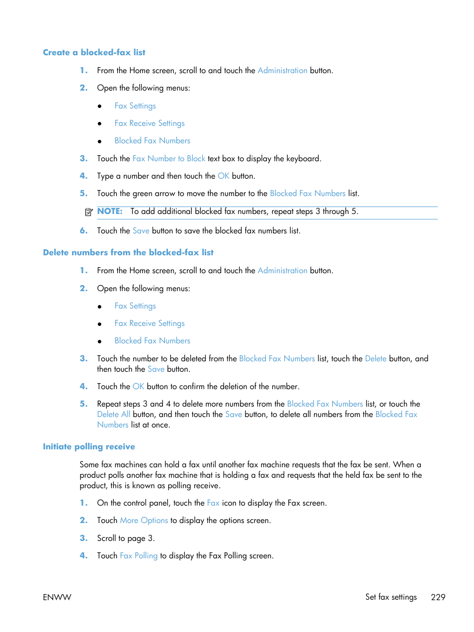 Create a blocked-fax list, Delete numbers from the blocked-fax list, Initiate polling receive | HP Color LaserJet Enterprise CM4540 MFP series User Manual | Page 249 / 386
