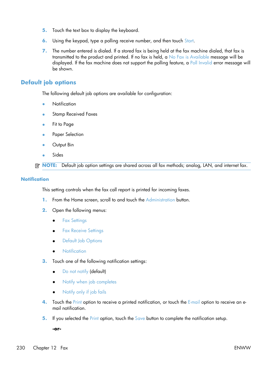 Default job options, Notification | HP Color LaserJet Enterprise CM4540 MFP series User Manual | Page 250 / 386