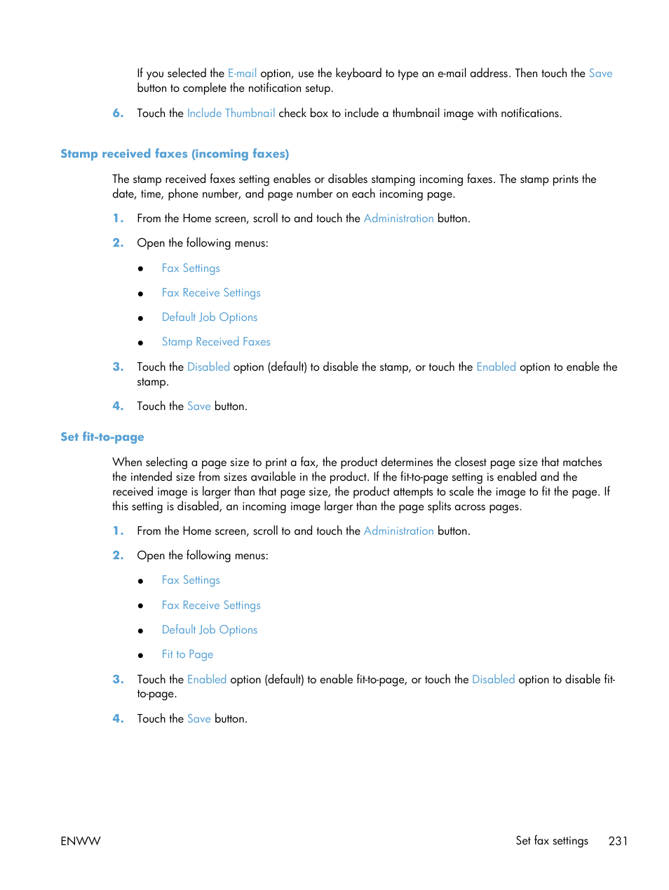 Stamp received faxes (incoming faxes) | HP Color LaserJet Enterprise CM4540 MFP series User Manual | Page 251 / 386