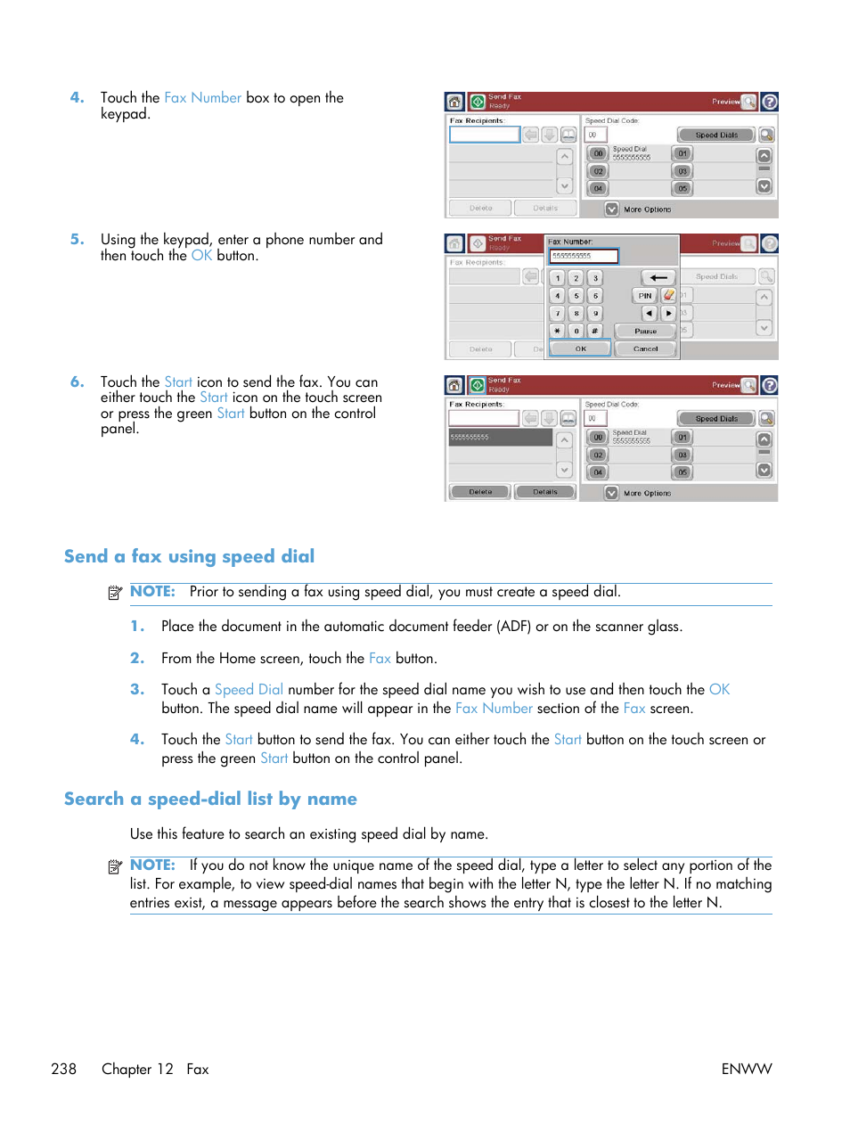 Send a fax using speed dial, Search a speed-dial list by name | HP Color LaserJet Enterprise CM4540 MFP series User Manual | Page 258 / 386