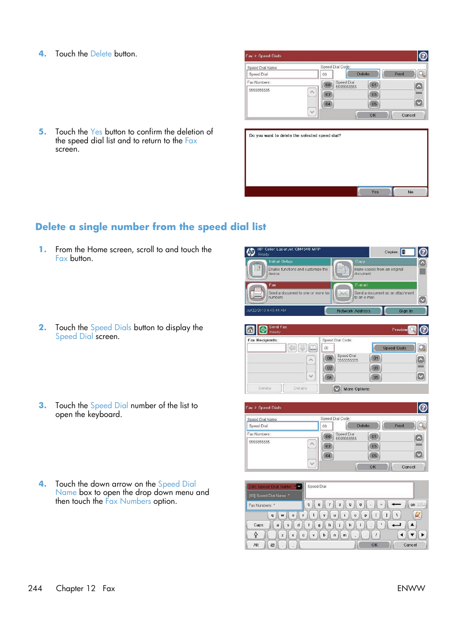 Delete a single number from the speed dial list | HP Color LaserJet Enterprise CM4540 MFP series User Manual | Page 264 / 386