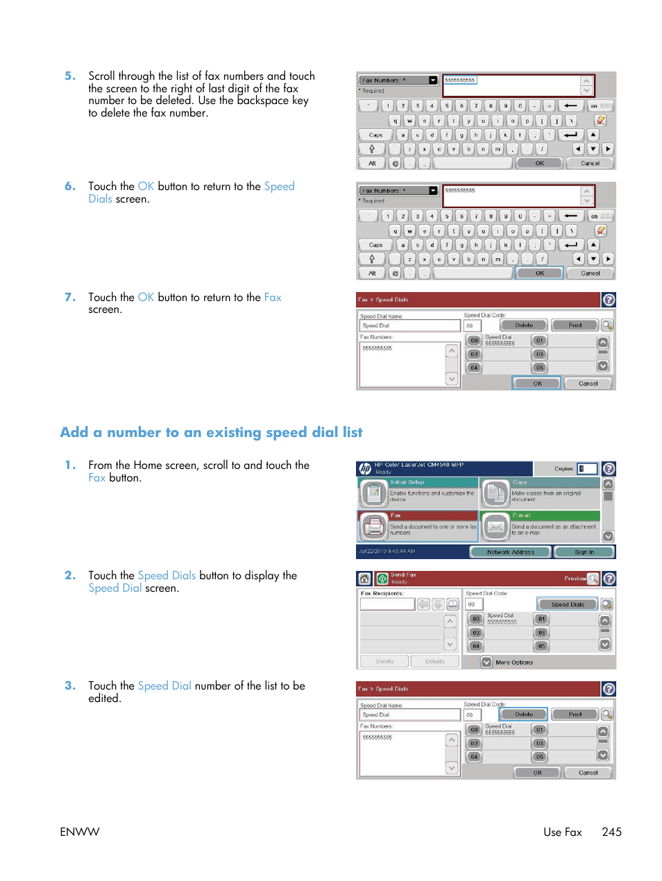 Add a number to an existing speed dial list | HP Color LaserJet Enterprise CM4540 MFP series User Manual | Page 265 / 386