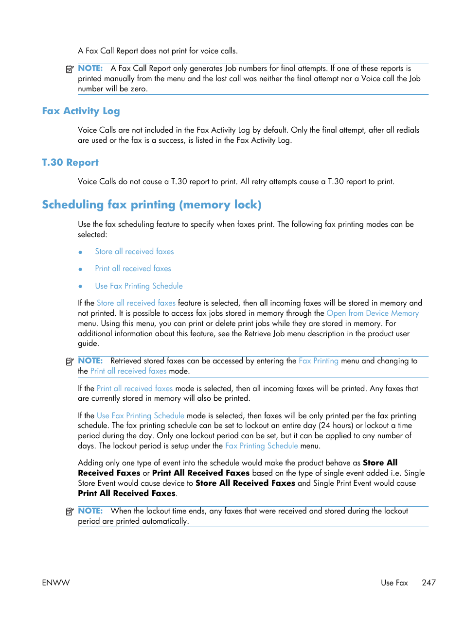 Fax activity log, T.30 report, Scheduling fax printing (memory lock) | Fax activity log t.30 report | HP Color LaserJet Enterprise CM4540 MFP series User Manual | Page 267 / 386