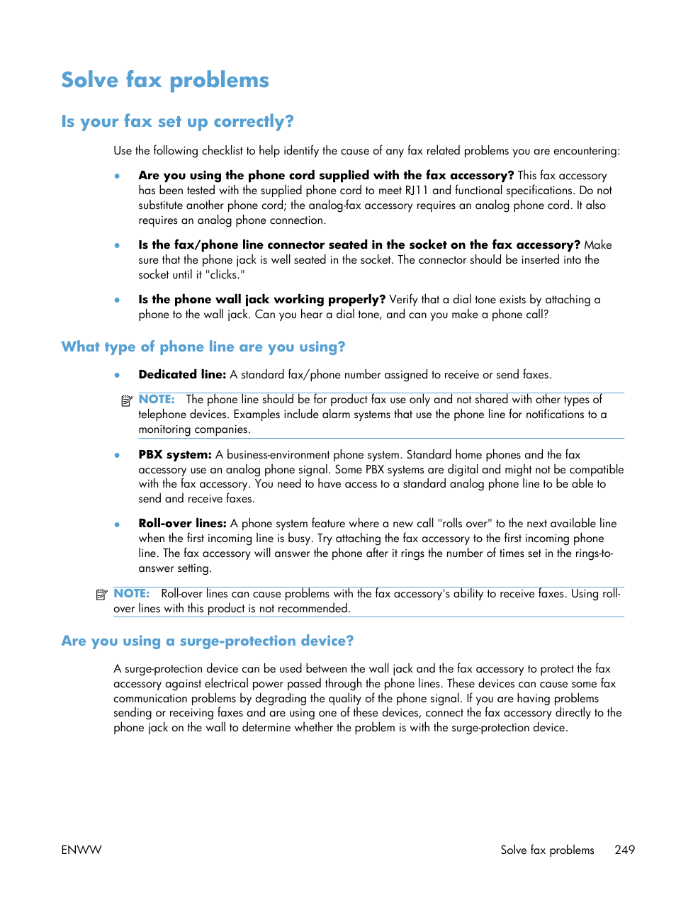 Solve fax problems, Is your fax set up correctly, What type of phone line are you using | Are you using a surge-protection device | HP Color LaserJet Enterprise CM4540 MFP series User Manual | Page 269 / 386