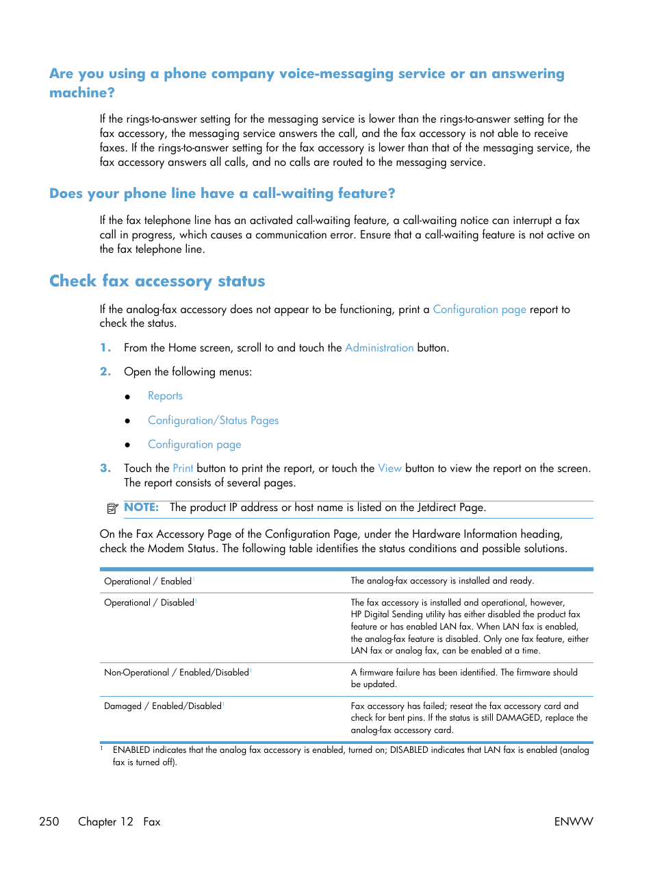 Does your phone line have a call-waiting feature, Check fax accessory status | HP Color LaserJet Enterprise CM4540 MFP series User Manual | Page 270 / 386