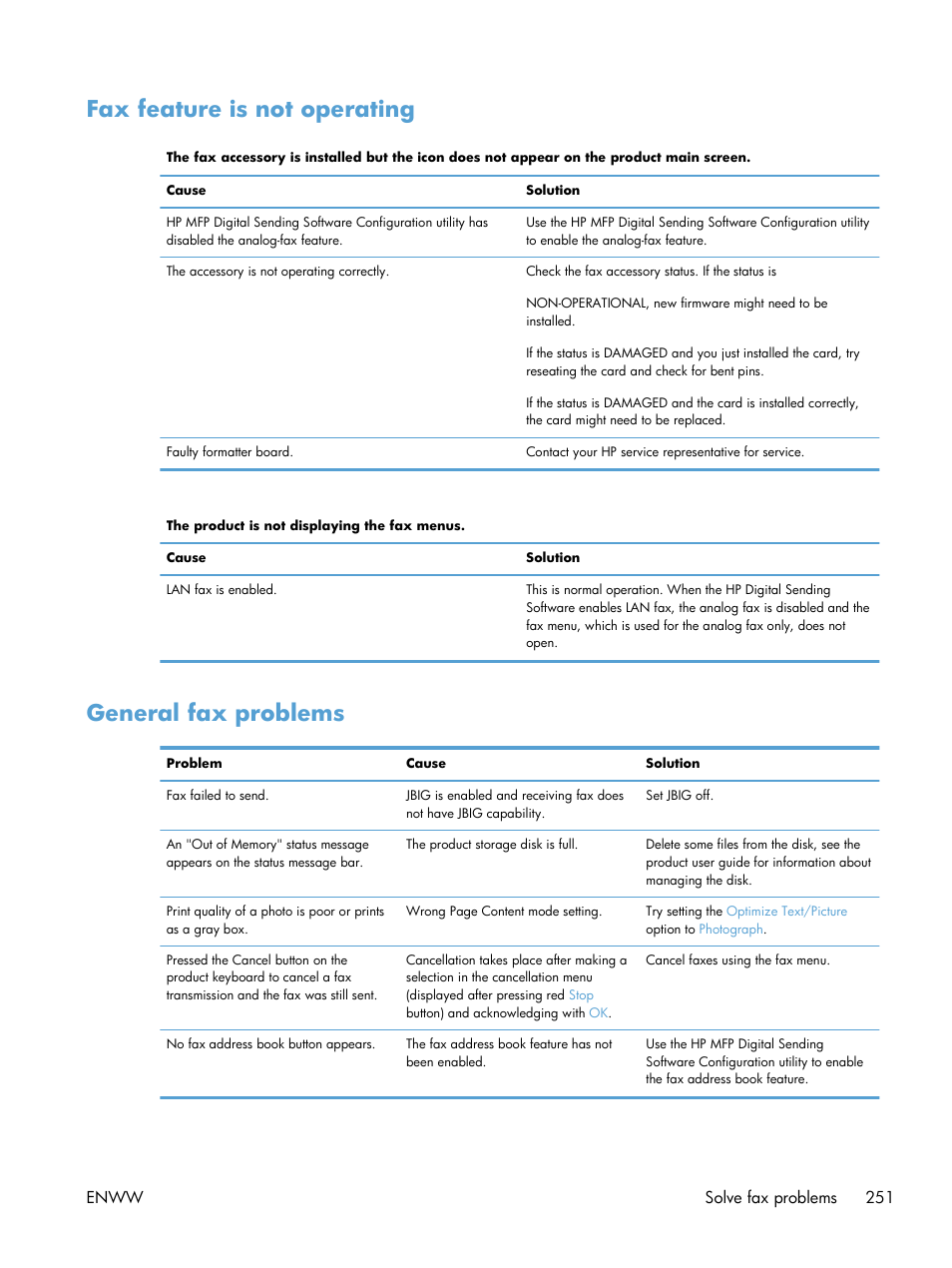 Fax feature is not operating, General fax problems, Fax feature is not operating general fax problems | HP Color LaserJet Enterprise CM4540 MFP series User Manual | Page 271 / 386