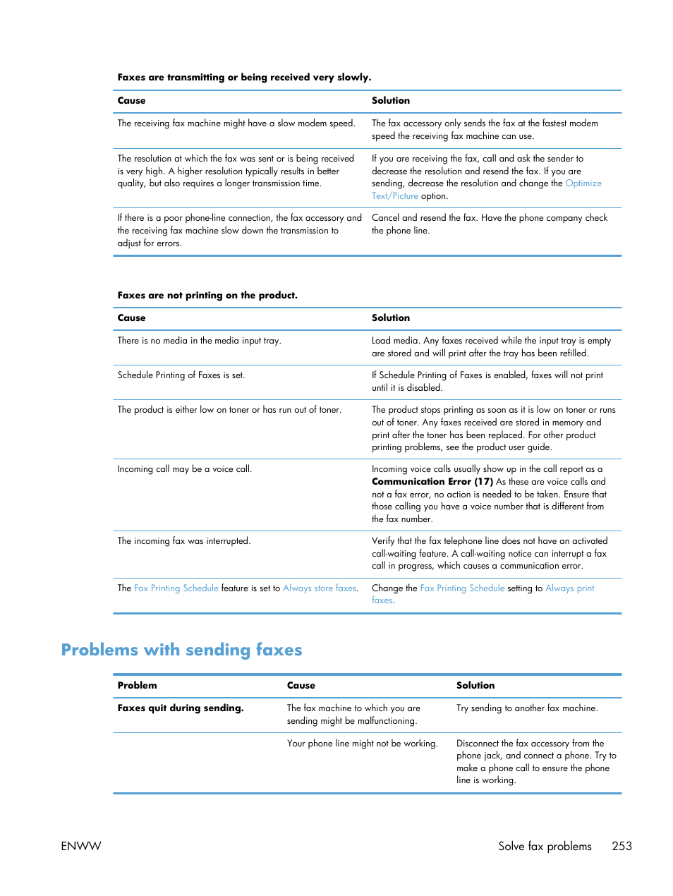 Problems with sending faxes, Enww solve fax problems 253 | HP Color LaserJet Enterprise CM4540 MFP series User Manual | Page 273 / 386