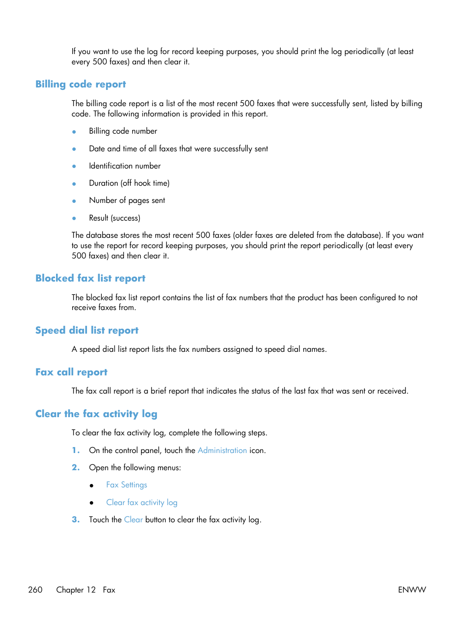 Billing code report, Blocked fax list report, Speed dial list report | Fax call report, Clear the fax activity log | HP Color LaserJet Enterprise CM4540 MFP series User Manual | Page 280 / 386